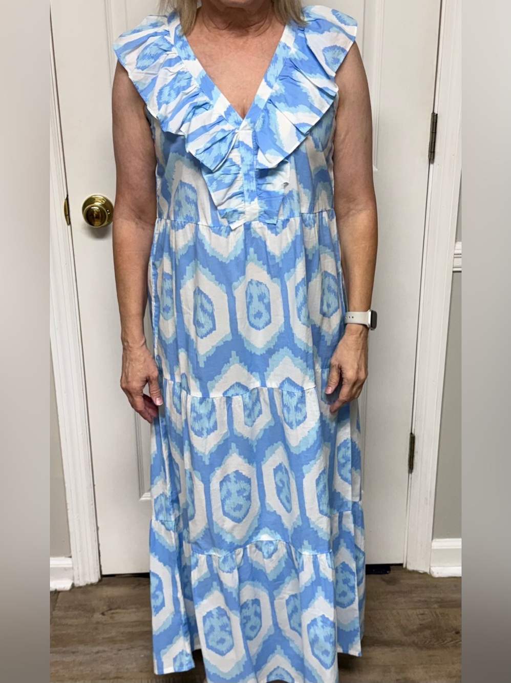 NWT Mud Pie Tanya Maxi Dress Small Blue White Floral Ikat Ruffle Tiered
